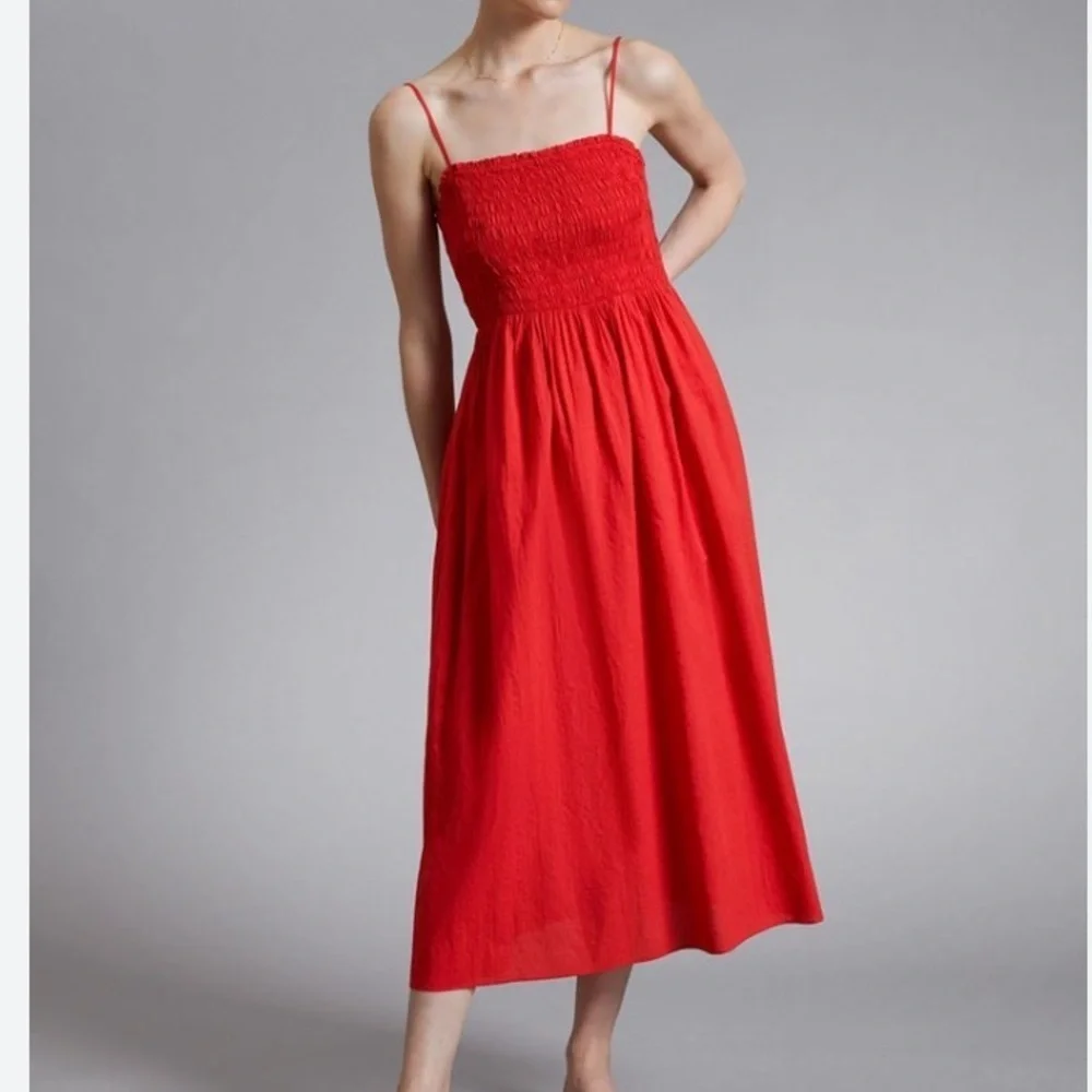 & Other Stories Red Cotton Maxi Dress Ruched Smocked Size 8